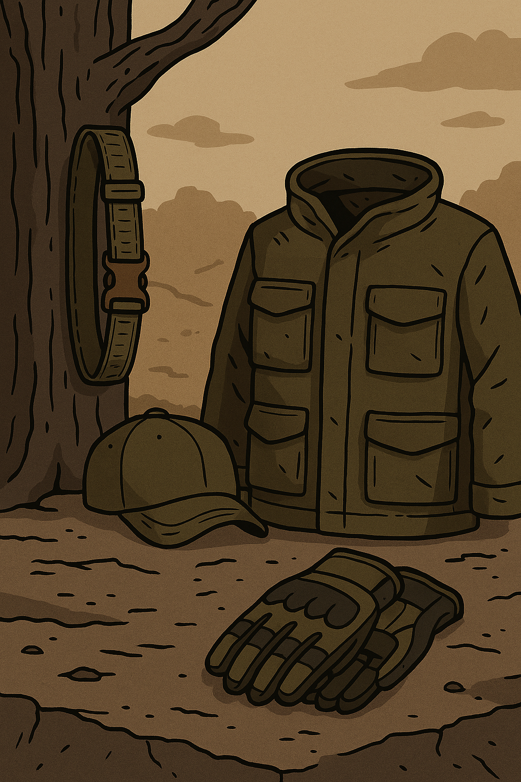 "Se mostraría un set táctico de piezas individuales, compuesto por cinturón táctico, chaqueta militar con bolsillos, gorra y guantes, todos de color verde militar.