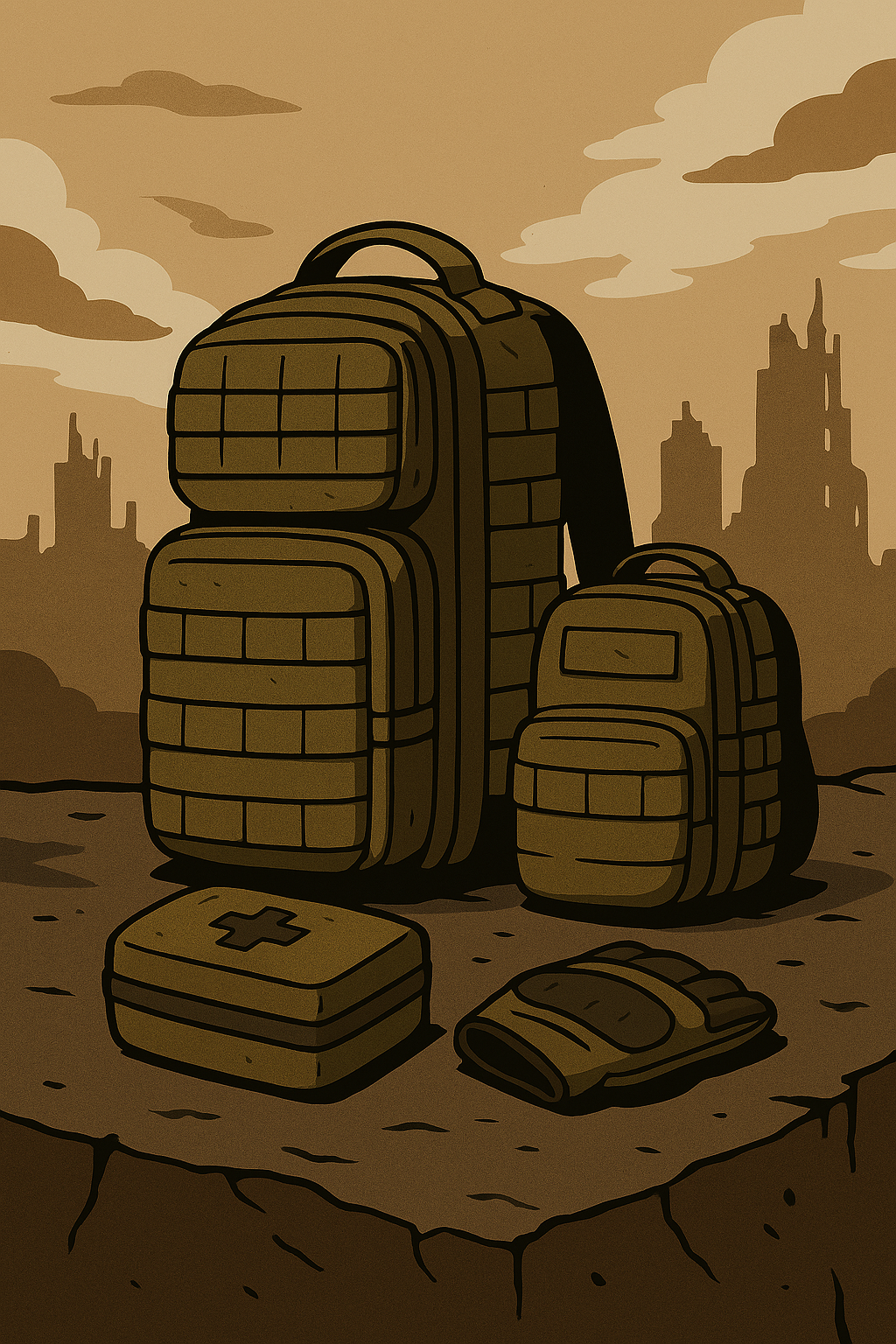 En esta imagen estilo cartoon se apreciarían dos mochilas tácticas diferentes tamaños y un botiquín. Todos ellos en un color verde militar y terroso.